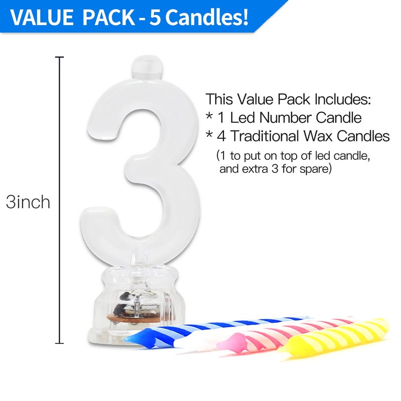 Novelty Place Birthday Number Candle Set, Flashing Multicolor Changing LED Birthday Cake Topper with 4 Wax Candles (Number 3) - Image 3